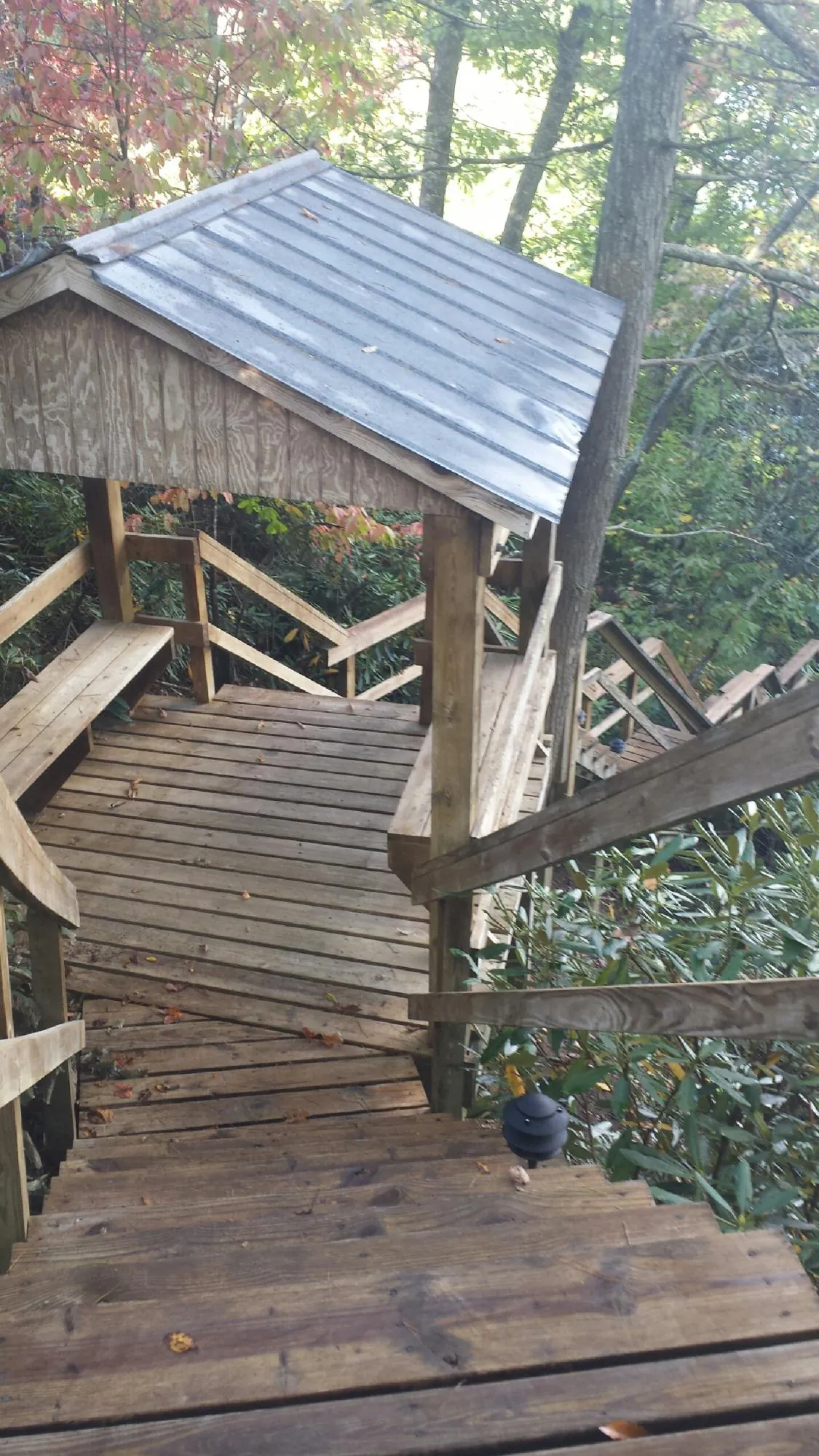 Metal roofed shelter over wooden steps on a wooded walkway — Skylight Repair & Installation work by our crew in Treynor